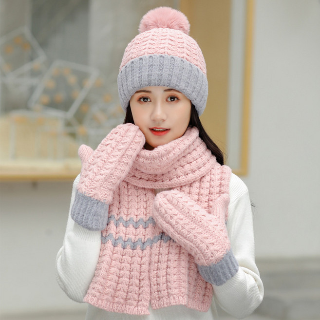 비니 여 겨울 패션 니트 모자 목도리 장갑 쓰리피스 귀 보호 바람막이 방한 세트