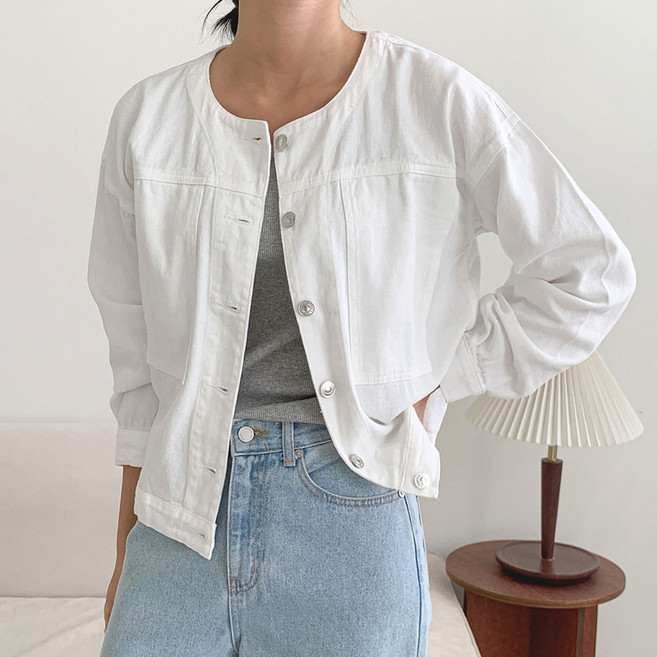 제로시아 여성 노카라 데님 자켓 세미오버핏