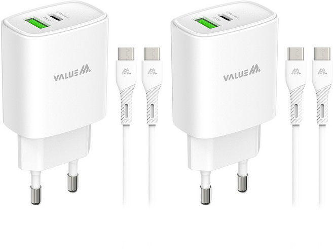 밸류엠 25W 2포트 PPS 초고속 멀티 USB-A / USB-C 충전기 + C타입 to C타입 케이블 세트, 화이트, 2세트