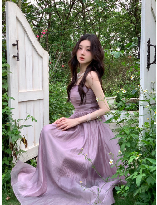 DFMEI 紫色吊帶連衣裙女夏季新款氣質仙女度假純色收腰顯瘦長裙女