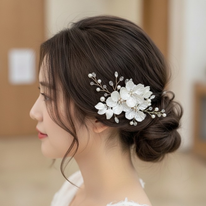 화려한 플라워 진주 큐빅 셀프웨딩 올림머리 집게핀