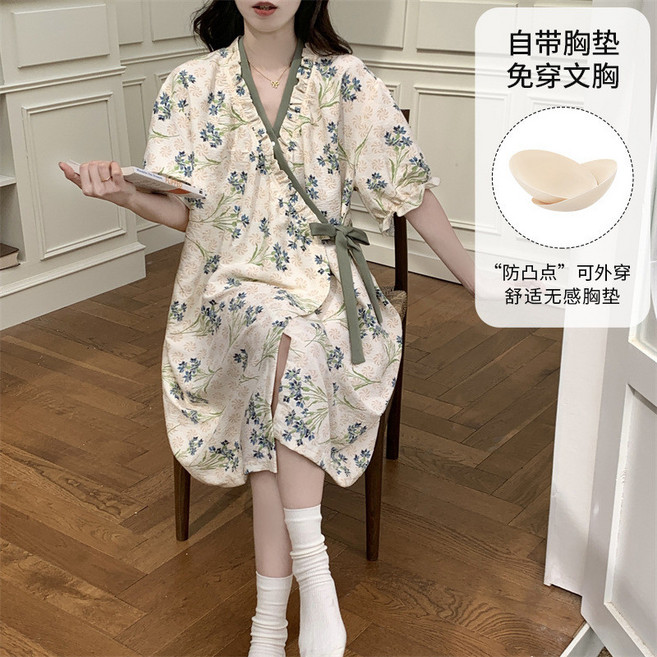 和服綁帶睡裙女 夏季雲朵棉短袖裙 可外穿帶胸墊