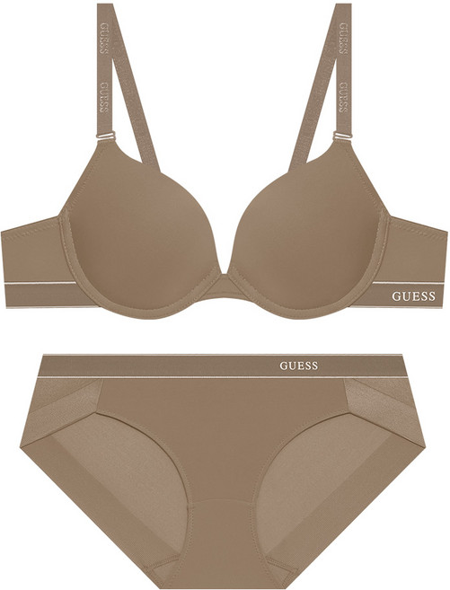 게스언더웨어 클리어 로고 와이어 브라 팬티 세트 - 모카