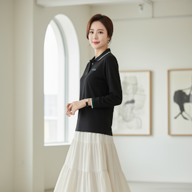 M-5XL편안한 착용감 중년 여성 긴팔 티셔츠 골프 긴소매 면소재 브이넥 빅사이즈 면티 폴로티 카라넥 폴로 티셔츠