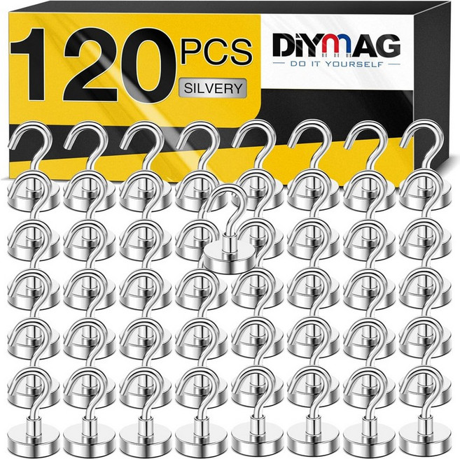 DIYMAG 마그네틱 후크 30파운드 이상 자석 2026 크루즈 선실 필수품 헤비 듀티 강력 냉장고 걸이 교실 해변 휴가용 주방 그릴 홈 6팩블랙, Silver, 120Pack 30Lbs+