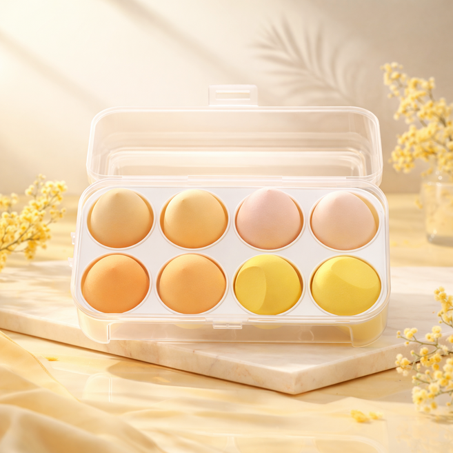파운데이션 에그 쿠션 퍼프 8개 + 케이스 세트 4종 색상, 엘로우, 1