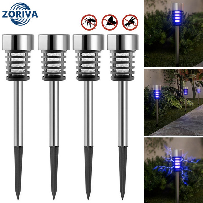 Zoriva 태양열 블루라이트 포충기 실외용 스탠드형 무선 설치 태양광 led 잔디등 농장 캠핑 정원 마당용, T14-실버