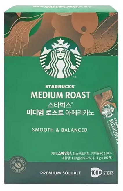 스타벅스 미디엄 로스트 아메리카노 100T 사무실 진한 무설탕 커피믹스, 1.1g, 1박스