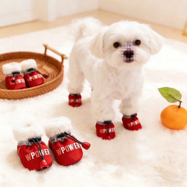 강아지 겨울 방한 눈길 부츠 부드러운 바닥 논슬립 신발 외출 방오 털 신발 애견 발보호, 1개, 레드