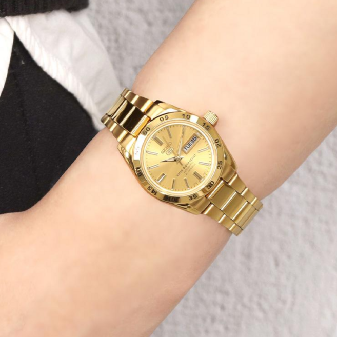 세이코5 SYMG44K1 골드다이얼 데이데이트 분 표시 오토캘린더 라운드 오토매틱 여자 메탈 시계