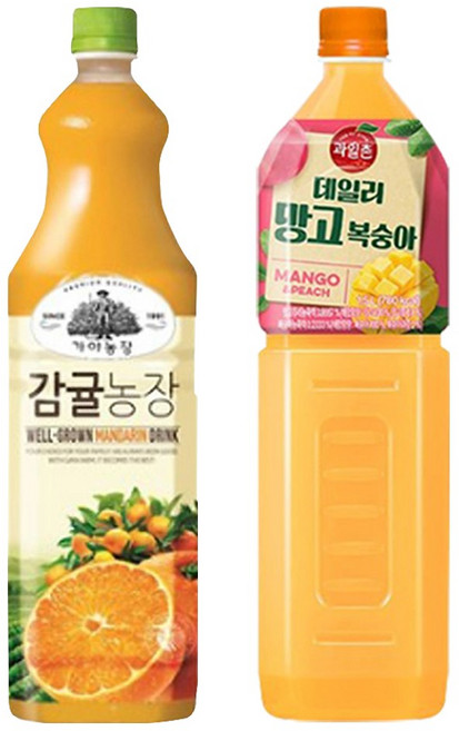 웅진 가야농장 감귤주스 + 해태htb 과일촌 데일리 망고복숭아 주스 (1.5 PET 혼합 각각 1개씩), 2개, 1.5L
