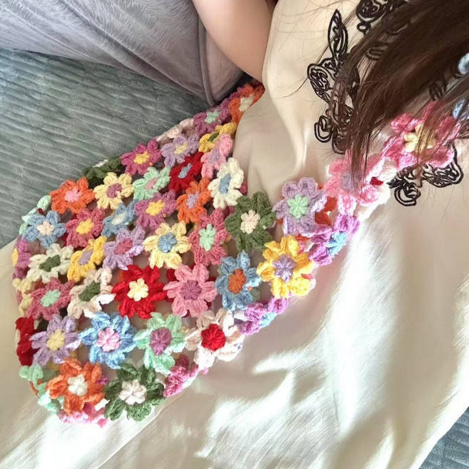 수공예 뜨개질 무지개 반짝이 조각 조합 레이스 단일 어깨 가방 DIY 재료 가방 직접 만든 대형 가방 여자친구 선물, 스파크 패치워크 숄더백 스타일 1[재료 패키지], 1개