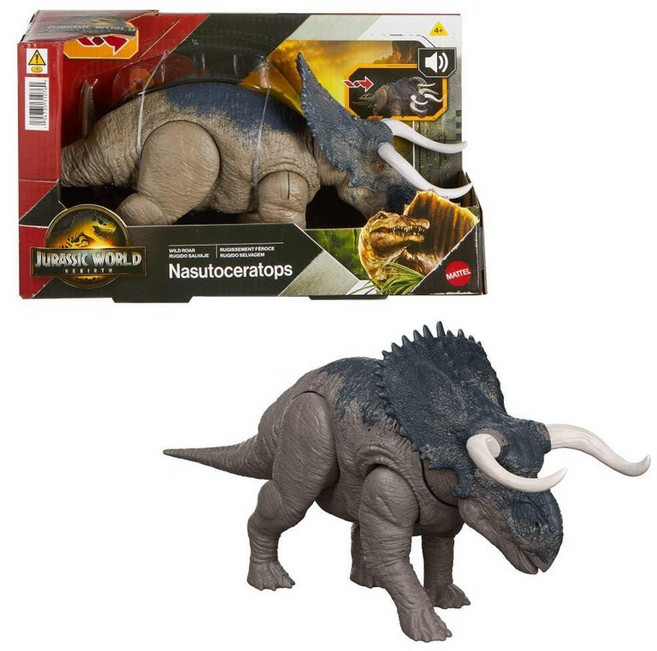 Mattel 쥬라기 월드 와일드 로어 케라토사우루스 공룡 액션 피규어 장난감 씹는 공격 조명 기능 및 포효 사운드 디지털 플레이를 위한 스캔 코드 383356, Nasutoceratops