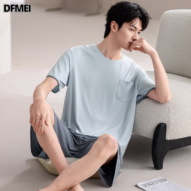 DFMEI 男士睡衣夏季薄款短袖短褲套裝可外穿簡約休閒大碼男家居服