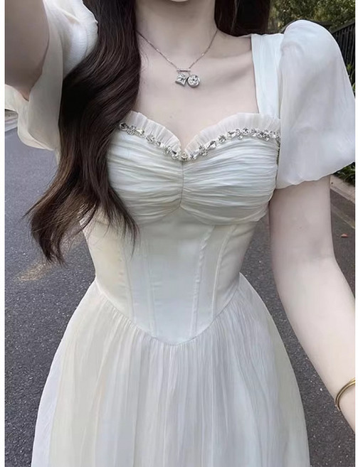 【重工鑲鑽顯瘦】仙女裙 連衣裙 公主裙 生日裙 氣質長裙 溫柔風裙子 收腰A字裙 白色連衣裙 夏季約會度假 拍照上鏡, 白色*5215