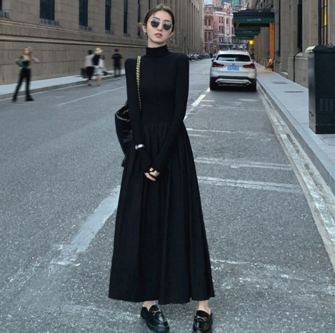 에쉬울프 여성 프렌치 터틀넥 슬림핏 롱원피스