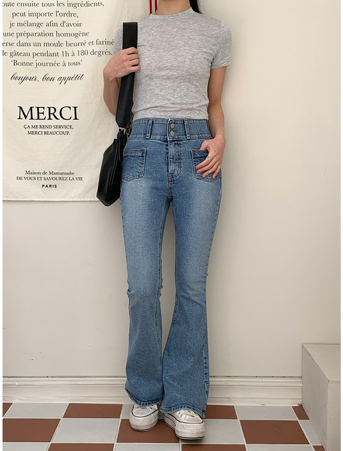 올데이진 투버튼 세미부츠컷 청바지 연청 흑청 하이웨스트 데님팬츠