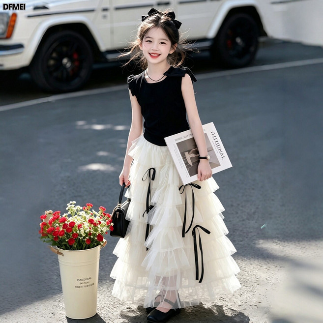 DFMEI 女童夏裝套裝兒童裙子漂亮半身蛋糕裙大童絕美公主裙