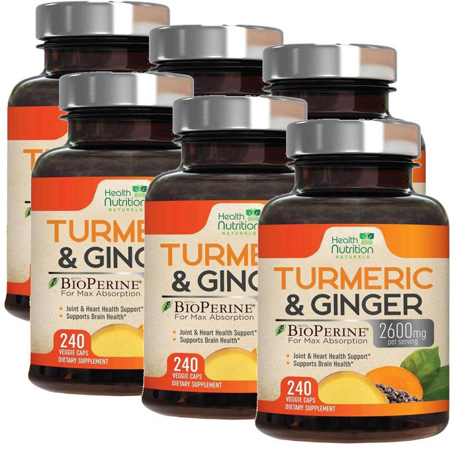 헬스뉴트리션 터메릭 커큐민 2600mg 바이오페린 진저 캡슐 Health Nutrition Naturals Turmeric Curcumin, 6개