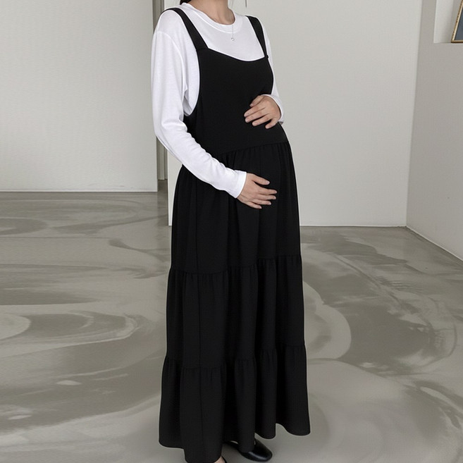 [당일출고] 수엠W 임산부 캉캉 멜빵 롱 원피스 만삭촬영 임부복 외출복 뷔스티에 루즈핏 T01 엘라멜빵원피스