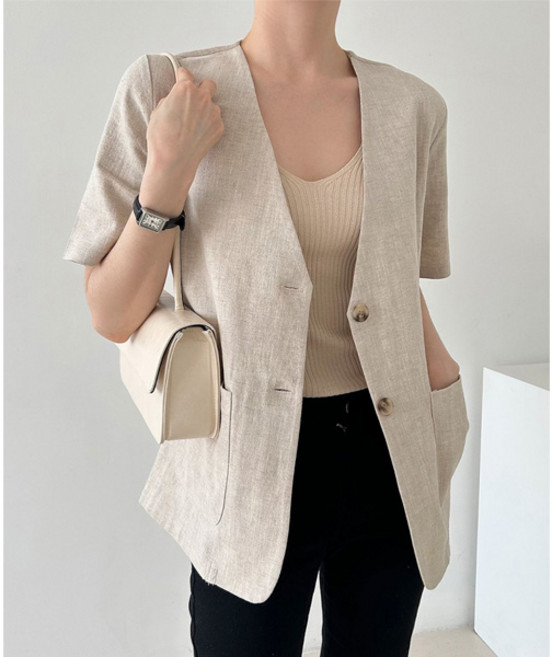 마이쏭 여성 빅사이즈 여름자켓 루즈핏 노카라 르마네추럴린넨반팔자켓