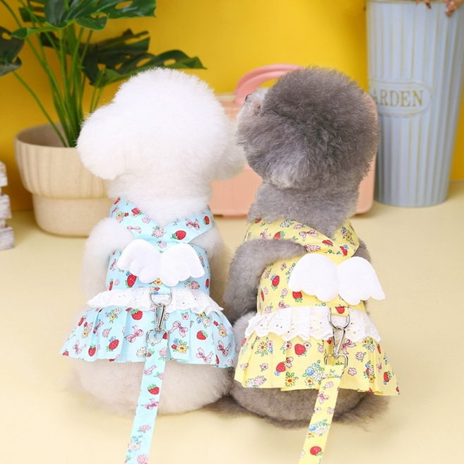 귀여운 강아지 엔젤 나시원피스 하네스 리드줄(1.4M) 세트 1P 애견 반려동물 가슴줄, 블루