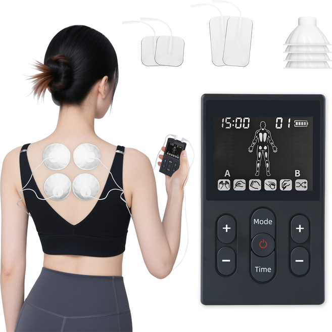 DDJJ 저주파 마사지기 가정용 2채널 EMS 마사지기 20단계 충전식, 블랙