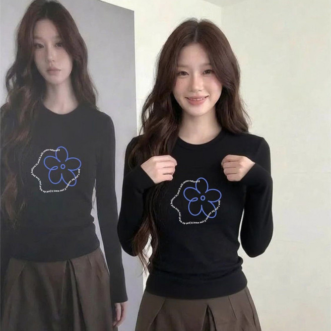MAKABORO 여성 긴팔 티셔츠 봄가을 라운드넥 캐주얼 슬림핏 프린트 이너 티셔츠