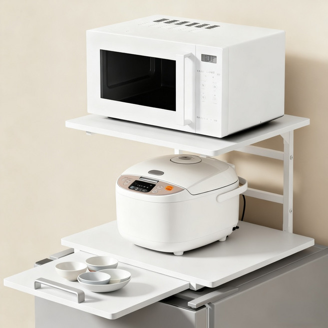 UTIMIU 다용도 선반 2단 오픈 슬라이딩 밥솟거치대 전자레인지선반 틈새 밥솥장 정수기렌지대 압력솥수납함 밥솥받침대 서랍형, 화이트, 1개