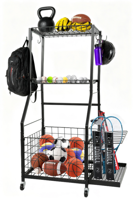 모던마켓 다용도 스포츠 장비 수납정리 이동식 선반 농구 축구 배구 첼제 헬스용품 보관함, 블랙