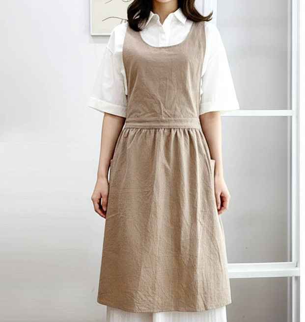 엣모스트 북유럽 린넨 원피스 주방 예쁜 앞치마, 1개, 베이지
