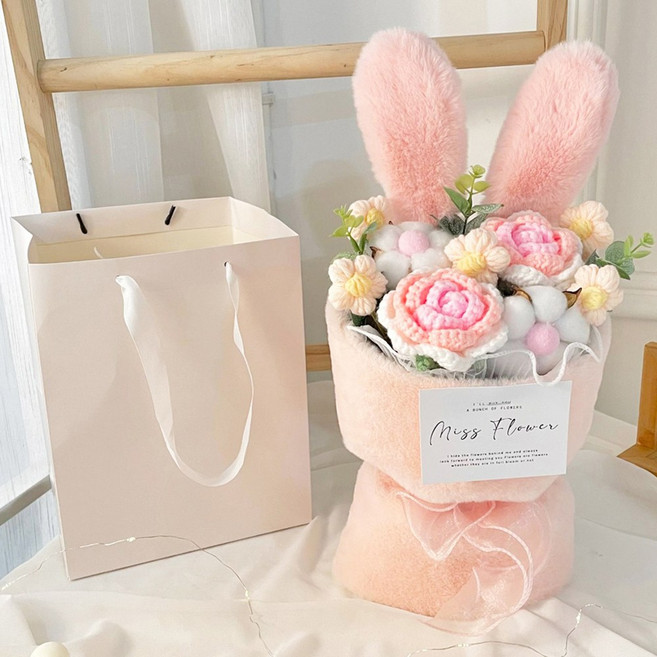 허니잼 토끼 뜨개 인형 꽃다발 졸업식 발표회 꽃다발 예쁜 인형 꽃다발 선물용, 핑크, 1개