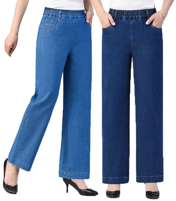 종년여성 여름 얇은 스판 와이드 데님 팬츠 빅사이즈 엄마 일자 청바지