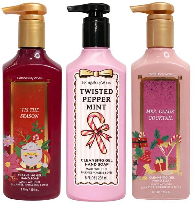 Bath & Body Works 'TIS THE SEASON 트위스트 페퍼민트 & MRS. 클라우스 칵테일 클렌징 젤 핸드 솝 3피스 선물 세트 번들 - 크리스마스 향 - 각, Bath & Body Works 'TIS THE SEA, 236ml