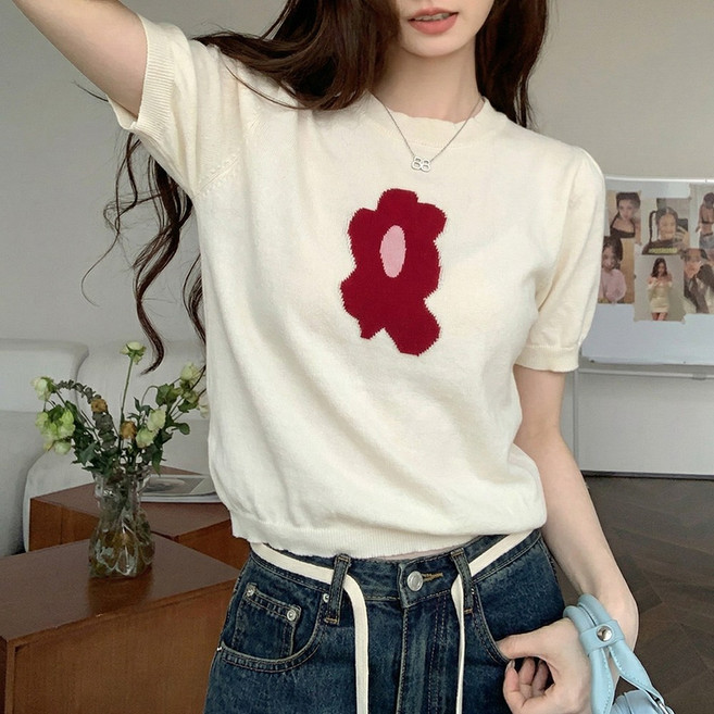 SOSISI 여성용 귀여운 라운드넥 반팔니트티 H46164