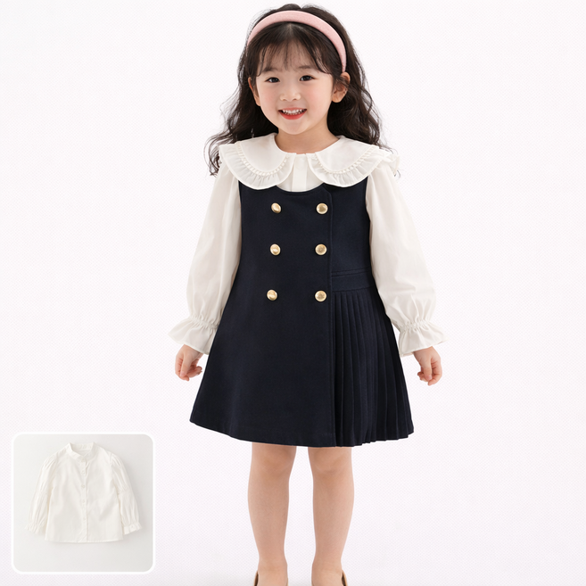 여아 유아 아동 키즈 배색 원피스 프릴 세일러칼라 리본 진주 네이비 입학식 하객룩 돌잔치