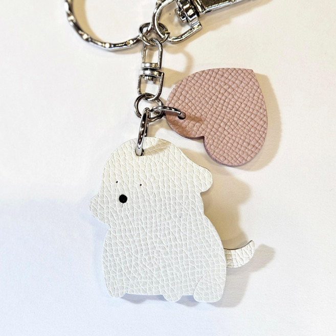 강아지하트키링 비숑푸들키링 소가죽 차키열쇠고리 자동차키홀더, 1개, 흰색-핑크