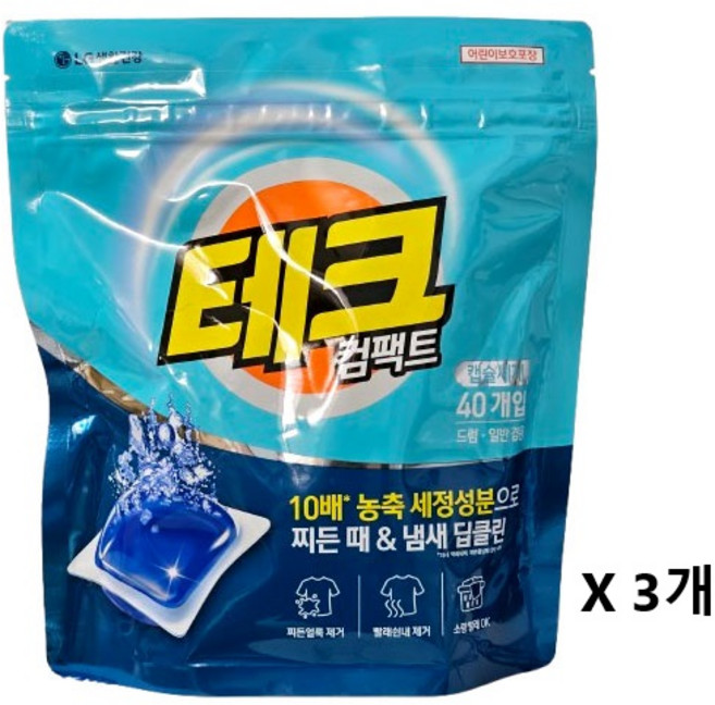 테크 컴팩트 캡슐세제 드럼 일반 겸용 간편세제 찌든때 냄새딥클린, 3개, 40개입