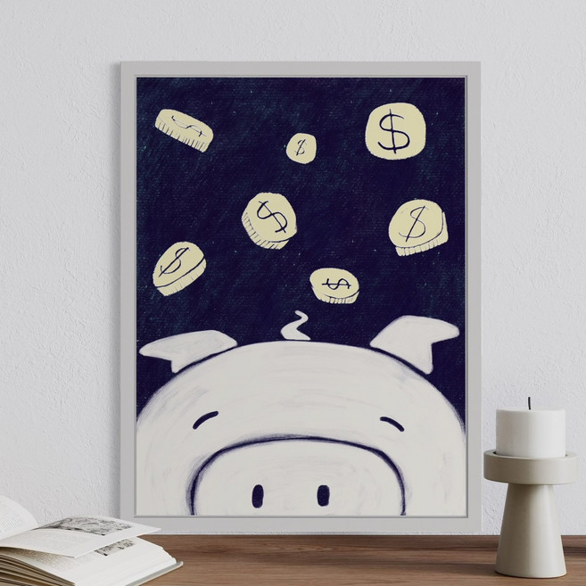 황금동전 와르르 행복한 복돼지 그림액자 새출발 집들이 개업 퇴사선물, 30x40cm, 인디고
