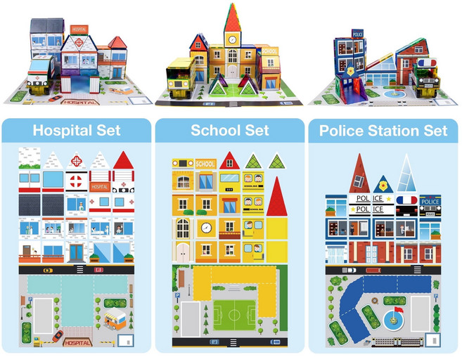 PICASSO TILES PicassoTiles 80개입 3-in-1 학교 병원 및 경찰서 자석 세트 (스티커형 퍼즐 지도 포함) STEM 빌딩 블록 교육용 장난감, 1개, 1없음