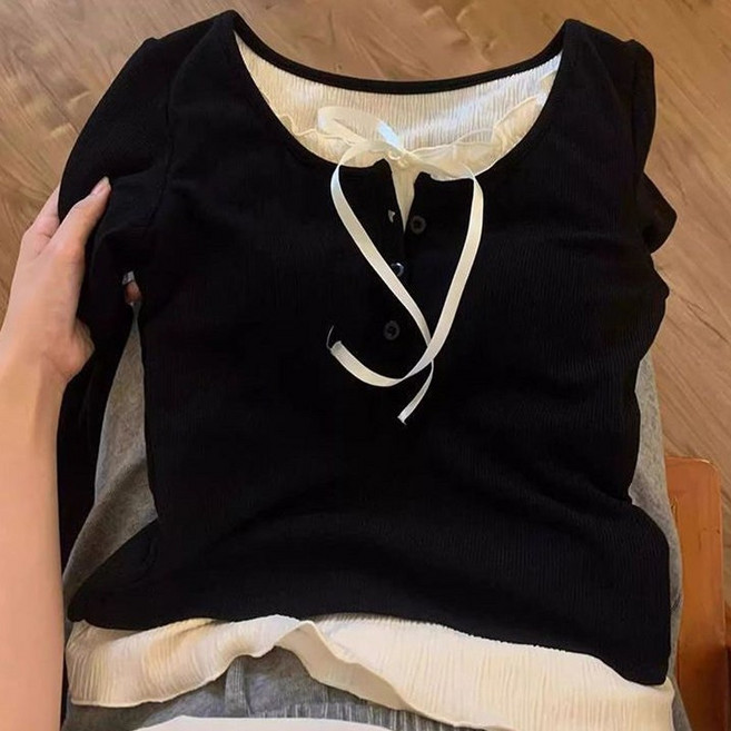 여성 가을 긴팔 페어 이어 프릴 티셔츠