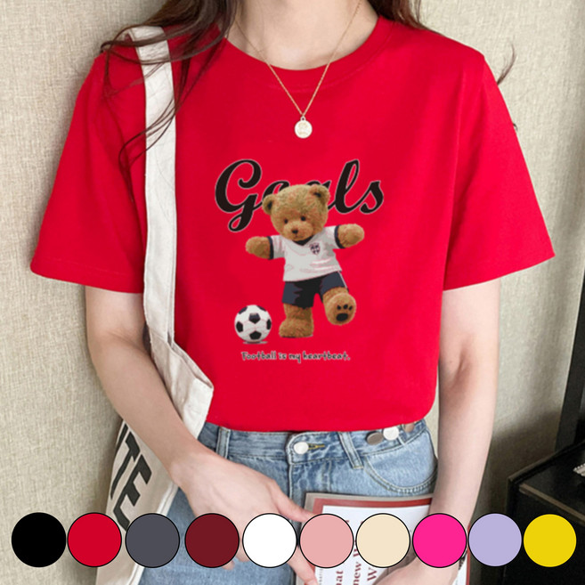 그리내 남여공용 라운드넥 여름 축구 곰돌이 프린팅 시원한 반팔티 커플티 가족티 단체티 동호회 캐릭터 이너 홈웨어 프린팅 티셔츠