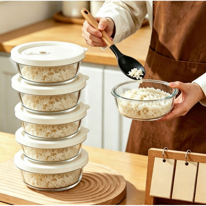 Munjjing 내열강화유리 햇밥용기 흰색 원형 렌지쿡 전자레인지 냉동밥, 6개, 400ml