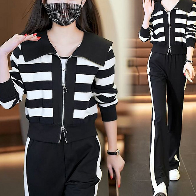 撞色條紋翻領拉鍊運動服套裝