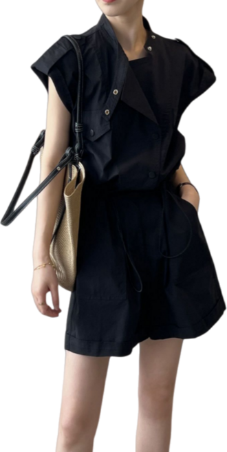 Makone 여성 캐주얼 반팔 허리 스트랩 점프수트