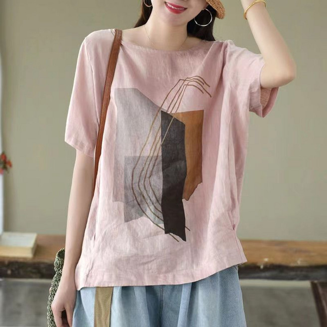 COSYEVNO 면마 반팔 티셔츠 루즈핏 프린트 빅사이즈 캐주얼 여름 여성 얇은 상의