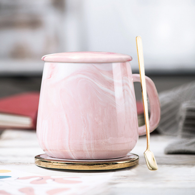 대리석 커플 창의적인 물컵 세라믹 가정용 컵 머그컵 커피컵 뚜껑이 있는 숟가락 차컵, 301-400ml, 400ml 대리석 무늬 분홍색 금선 없는 단일 컵 뚜껑