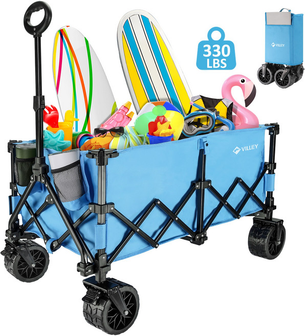 VILLEY 특대형 원터치 다용도 폴딩 카트 캠핑용 캠핑카트 캠핑웨건 브레이크 기능, 1개, 블루