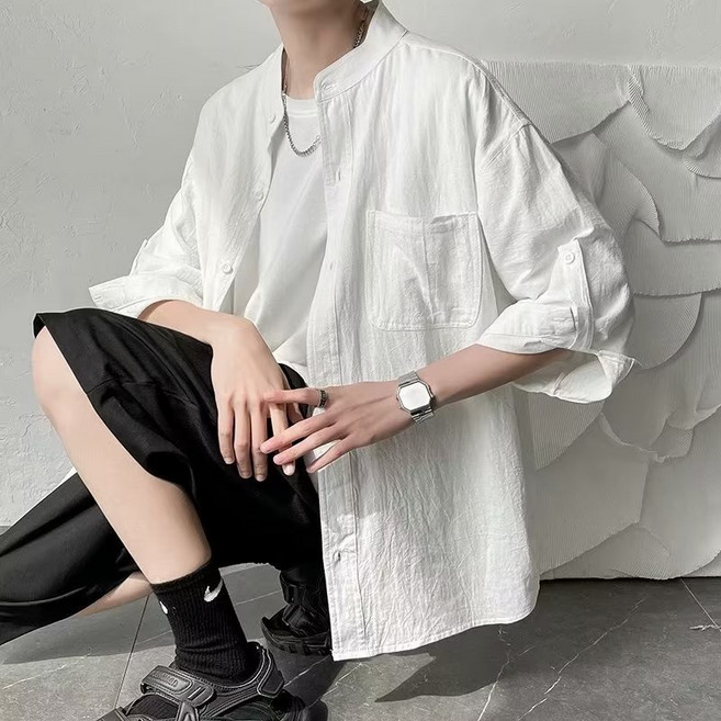 七分袖亞麻襯衫 寬鬆立領短袖襯衣 潮流港風百搭休閒襯衫 (M-3XL)