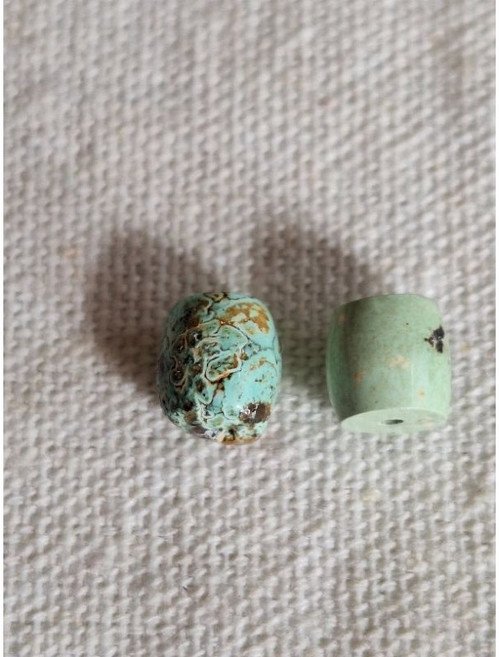 湖北原礦綠松石小短桶珠 螺旋紋藍綠果綠色系 兩顆一組